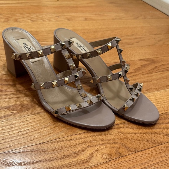 Valentino Shoes - Valentino Taupe Leather Rockstud Block Heel Mules